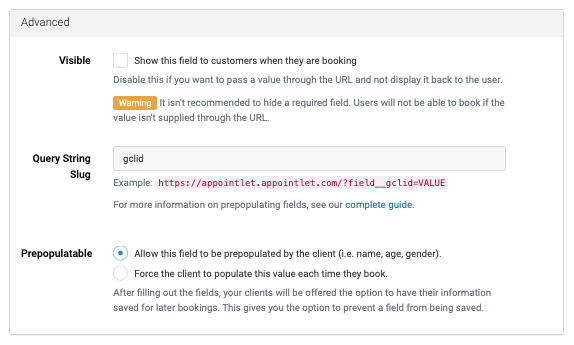 Custom click id form field in Appointlet