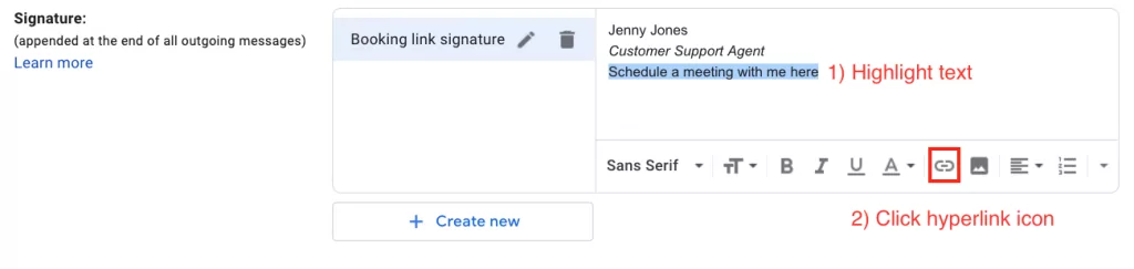 Add your gmail signature with a scheduling link